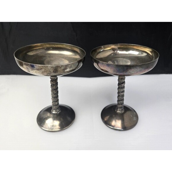 2 Vintage Roma S.L. Champagne Goblets Spain Twisted Grapevine Stem Silver Plate - Picture 5 of 14